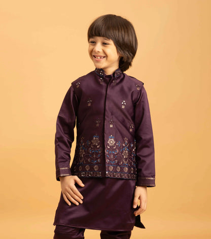 Purple Brown Kurta Set With Mirror & Sequins Embroidered Koti