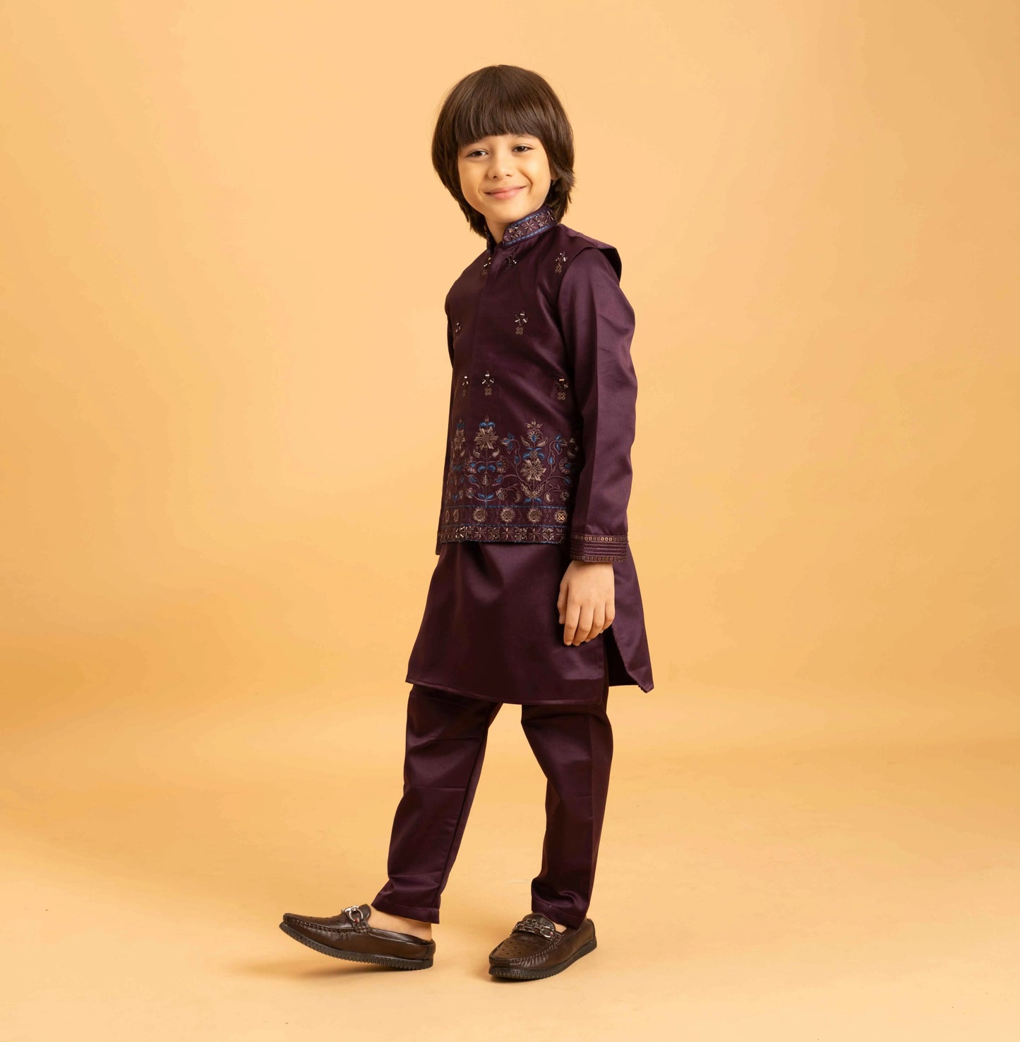 Purple Brown Kurta Set With Mirror & Sequins Embroidered Koti
