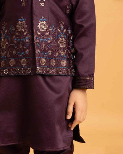 Purple Brown Kurta Set With Mirror & Sequins Embroidered Koti