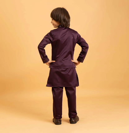 Purple Brown Kurta Set With Mirror & Sequins Embroidered Koti