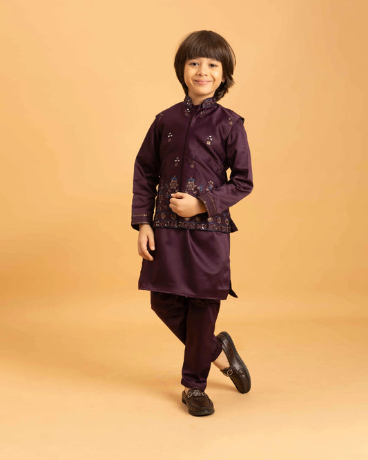 Purple Brown Kurta Set With Mirror & Sequins Embroidered Koti