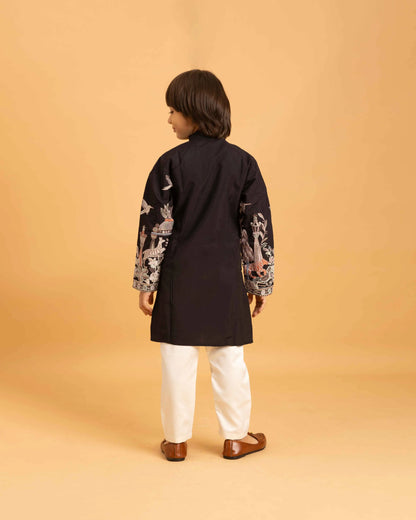 Black Thread Sequins Embroidery Work Kids Kurta Set