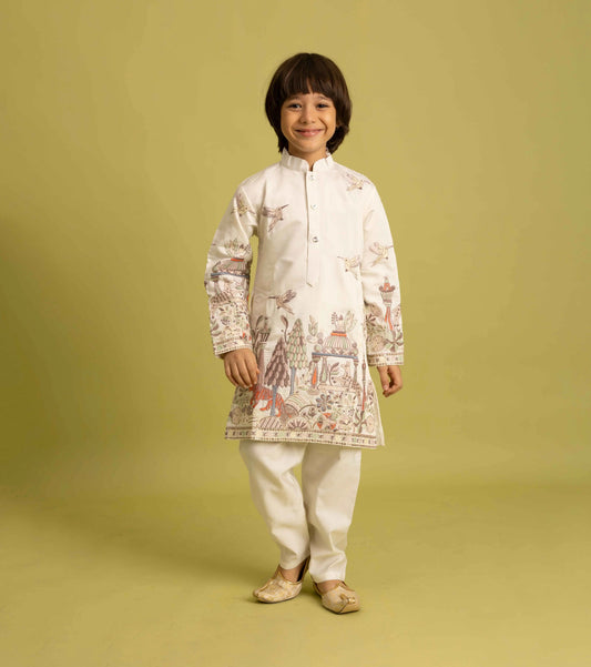 White Thread Sequins Embroidery Work Kids Kurta Set