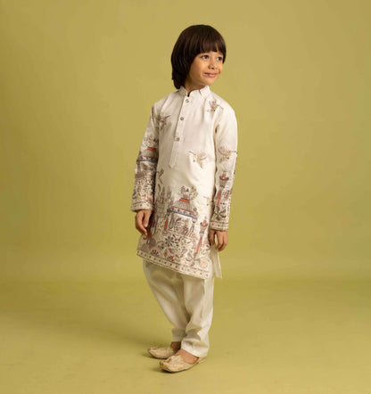 White Thread Sequins Embroidery Work Kids Kurta Set