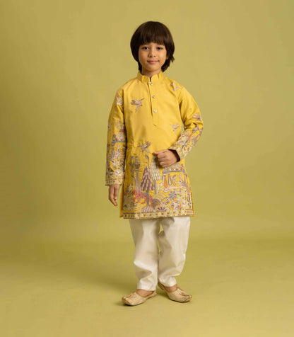 Yellow Thread Sequins Embroidery Work Kids Kurta Set