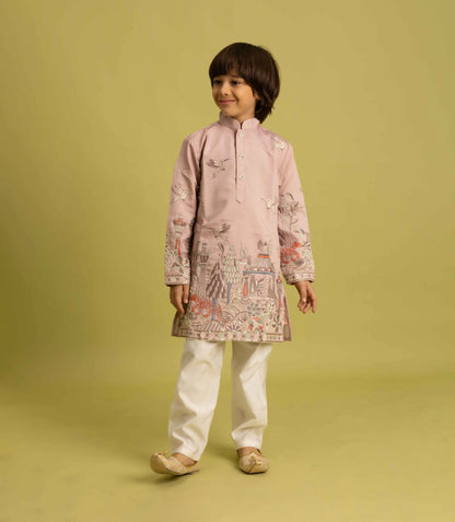 Peach Thread Sequins Embroidery Work Kids Kurta Set