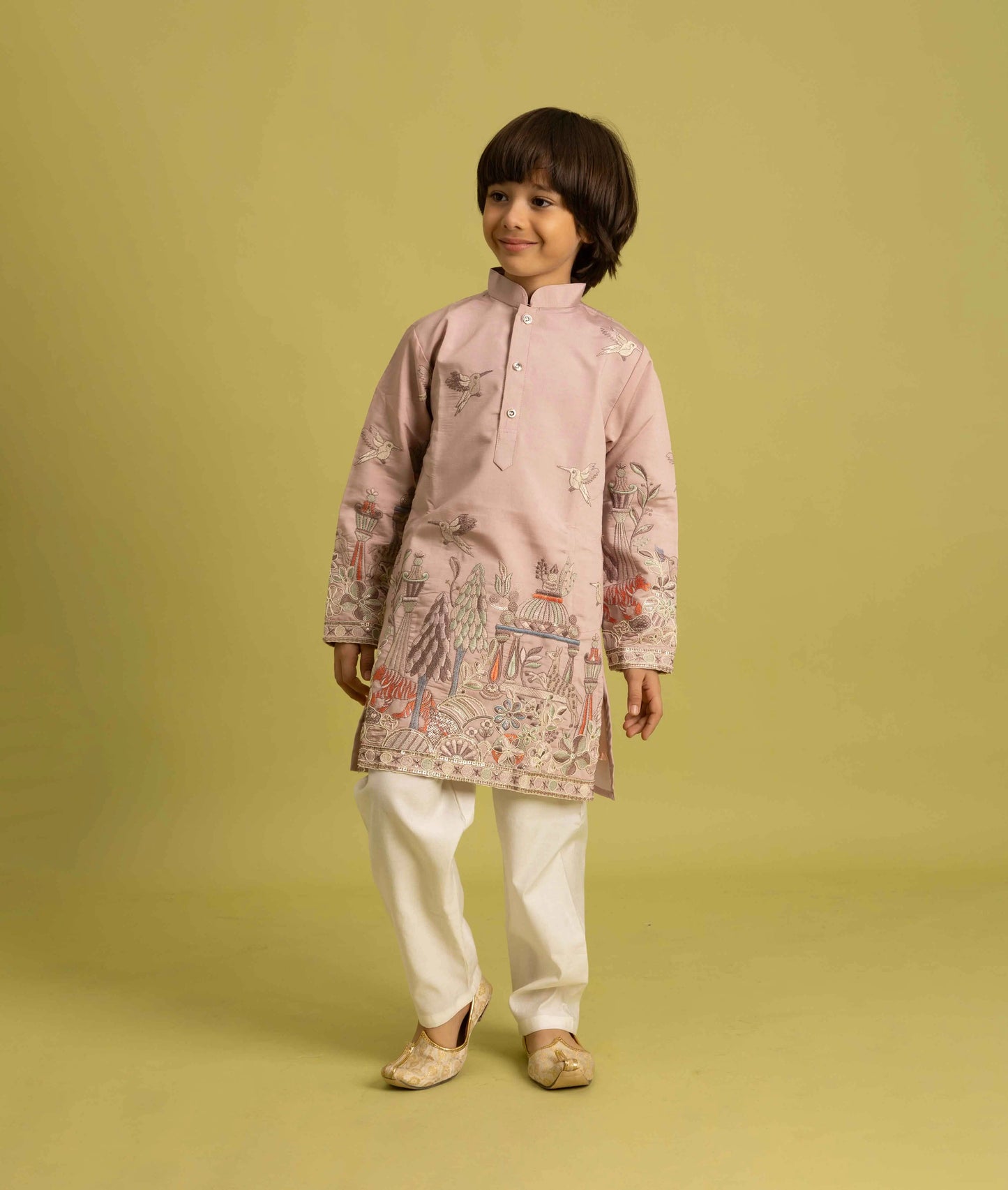 Peach Thread Sequins Embroidery Work Kids Kurta Set