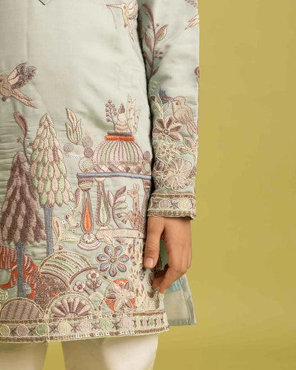 Pista Thread Sequins Embroidery Work Kids Kurta Set