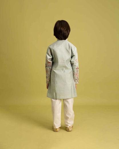 Pista Thread Sequins Embroidery Work Kids Kurta Set