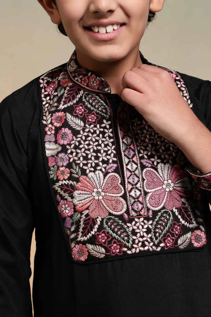 Black Embroidery Work Kids Kurta Set