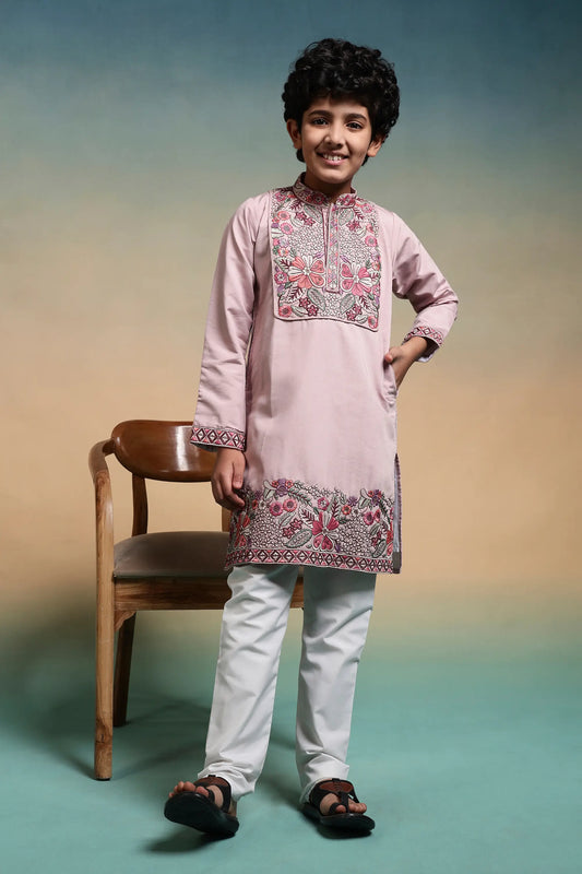 Light Pink Embroidery Work Kids Kurta Set