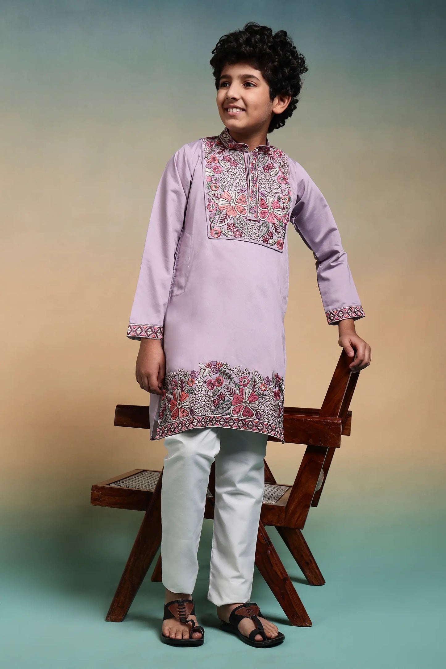 Lavender Embroidery Work Kids Kurta Set