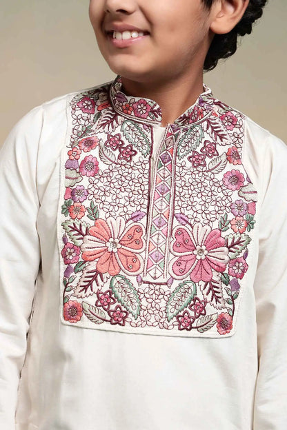 White Embroidery Work Kids Kurta Set