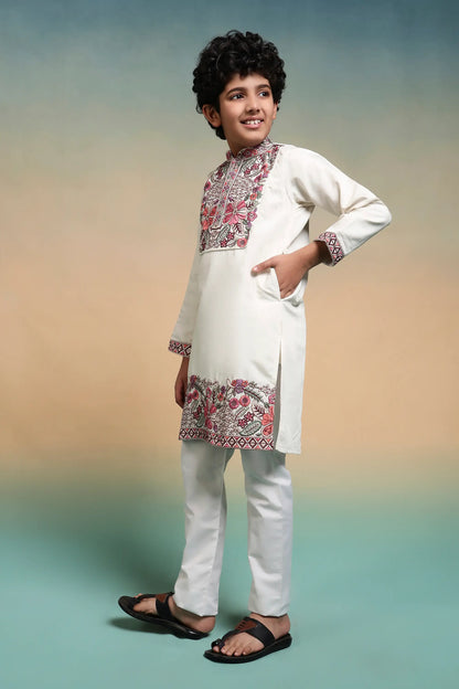 White Embroidery Work Kids Kurta Set