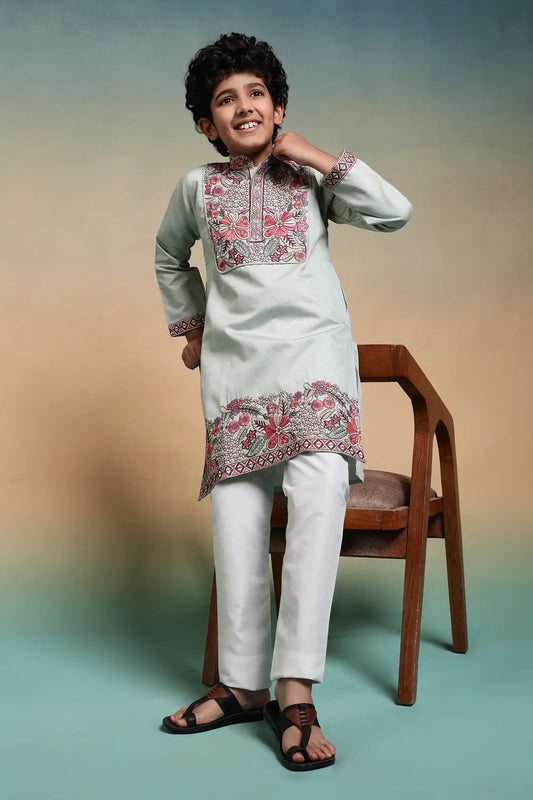 Pista Embroidery Work Kids Kurta Set