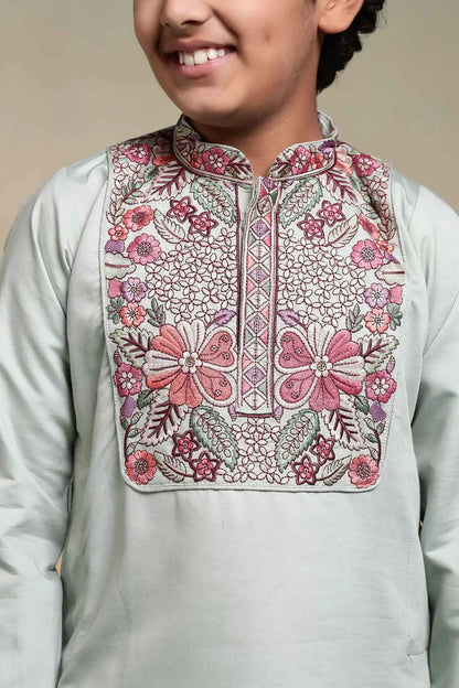 Pista Embroidery Work Kids Kurta Set