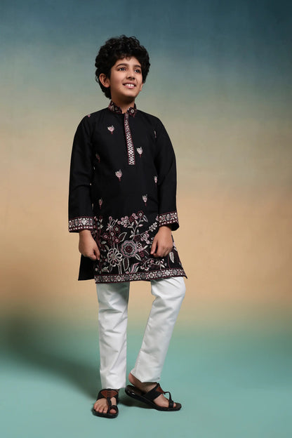 Black Embroidery Silk Kurta Set