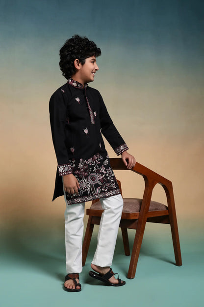Black Embroidery Silk Kurta Set