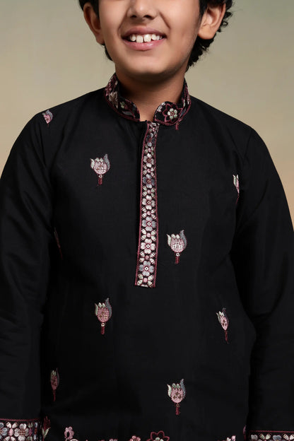 Black Embroidery Silk Kurta Set