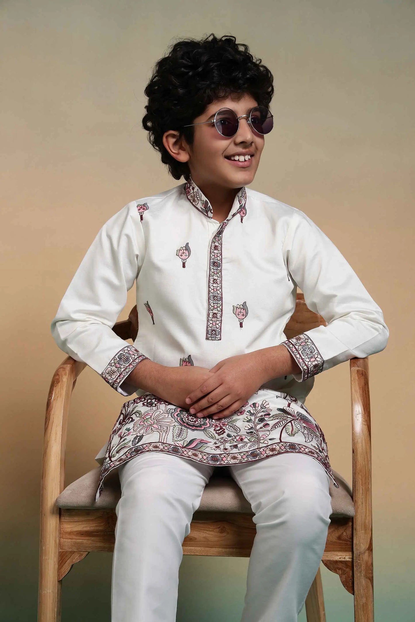 White Embroidery Silk Kurta Set
