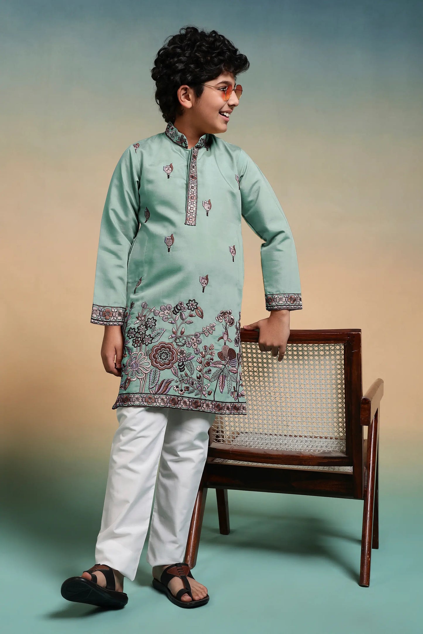 Pista Embroidery Silk Kurta Set