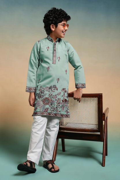 Pista Embroidery Silk Kurta Set