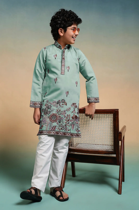 Pista Embroidery Silk Kurta Set