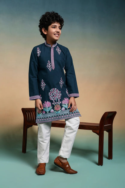 Teal Blue Embroidered Kids Kurta Set