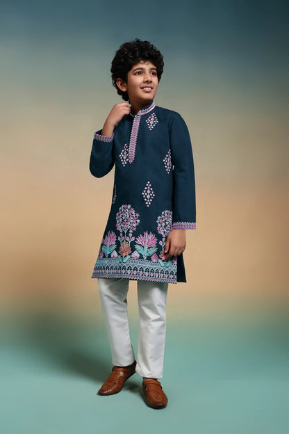 Teal Blue Embroidered Kids Kurta Set