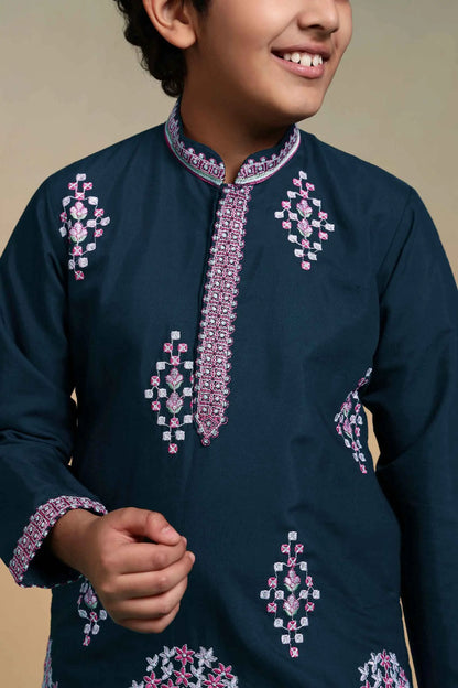 Teal Blue Embroidered Kids Kurta Set