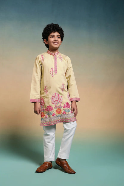 Yellow Embroidered Kids Kurta Set