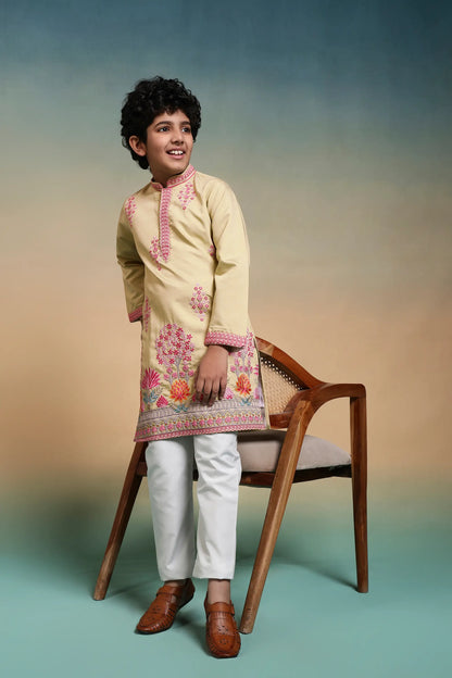 Yellow Embroidered Kids Kurta Set