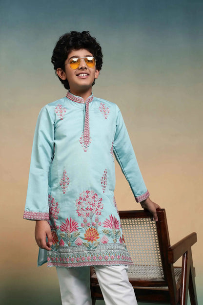 Sky Blue Embroidered Kids Kurta Set