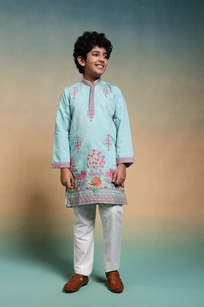 Sky Blue Embroidered Kids Kurta Set