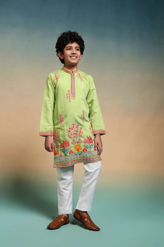 Pista Embroidered Kids Kurta Set