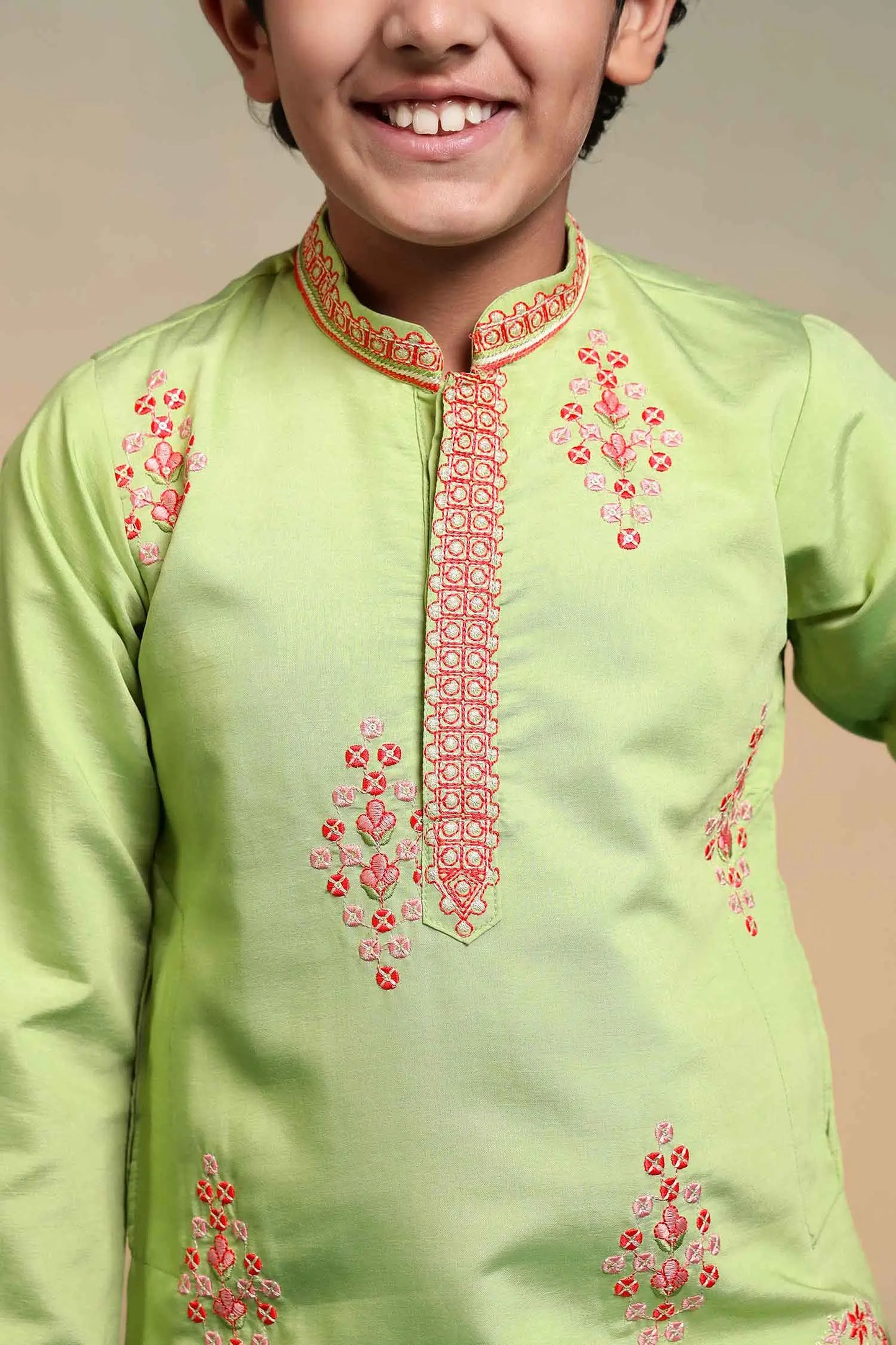 Pista Embroidered Kids Kurta Set