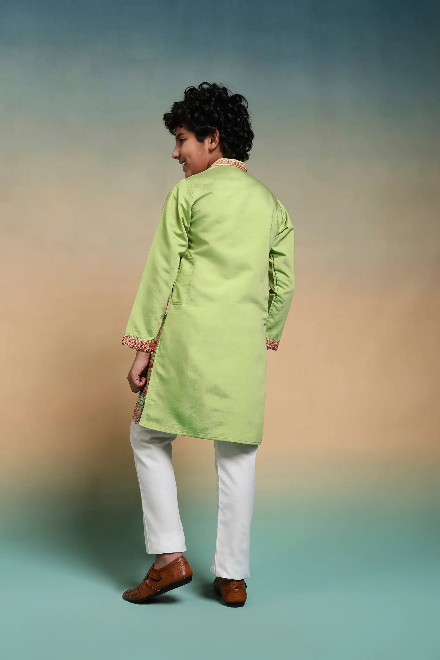 Pista Embroidered Kids Kurta Set