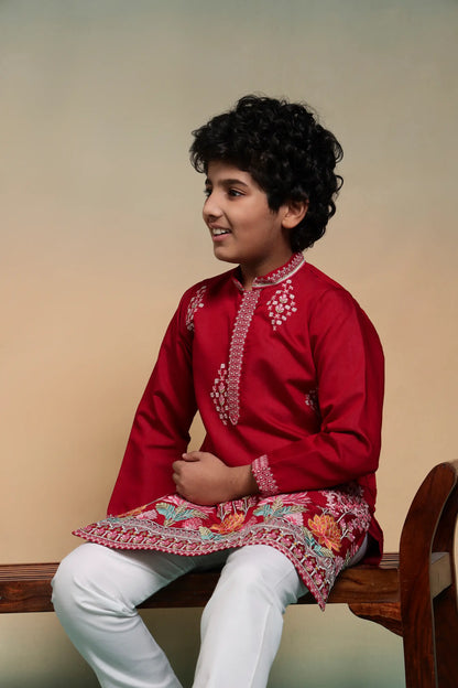 Red Embroidered Kids Kurta Set