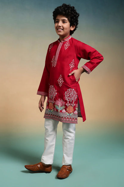 Red Embroidered Kids Kurta Set