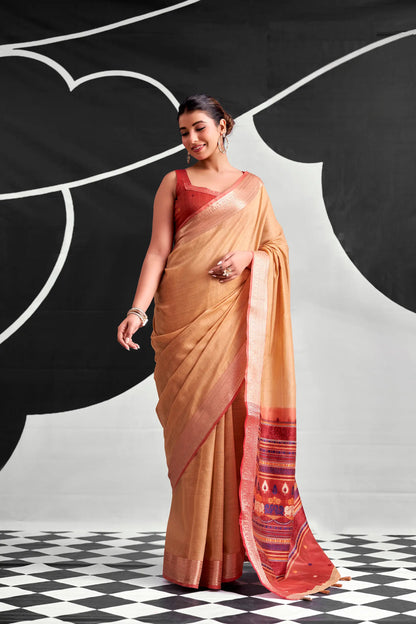 Dusty Peach Modal Cotton Weaving Saree