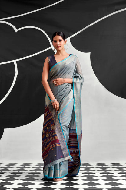 Steel Blue Modal Cotton Weaving Saree