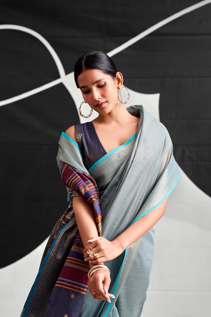 Steel Blue Modal Cotton Weaving Saree