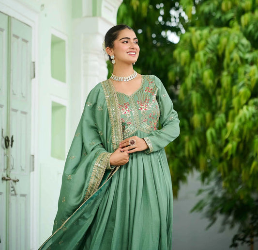 Pista Sequins Embroidery Work Gown