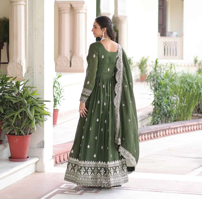 Dark Green Sequins Embroidery Work Gown