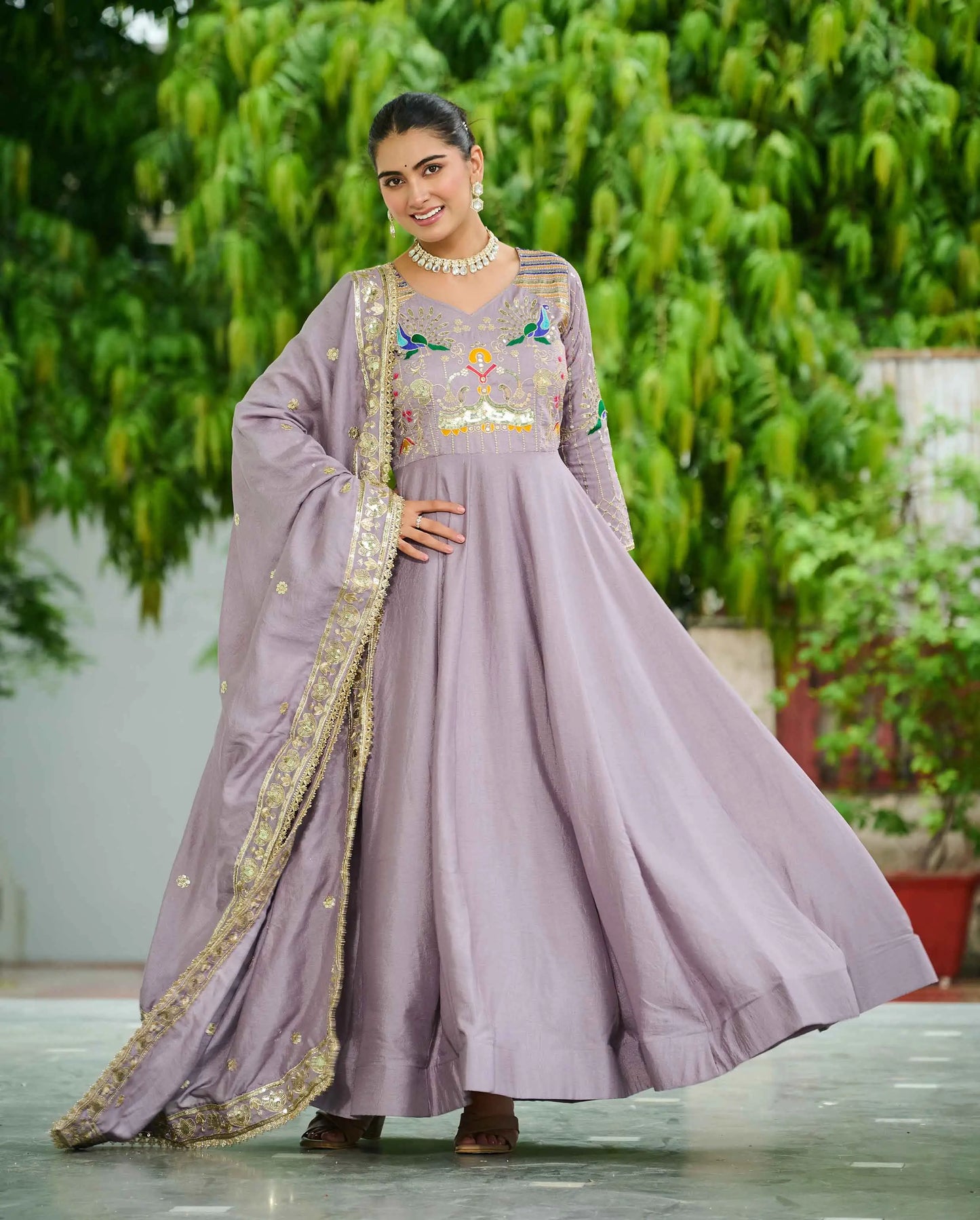 Onion Sequins Embroidery Work Silk Gown