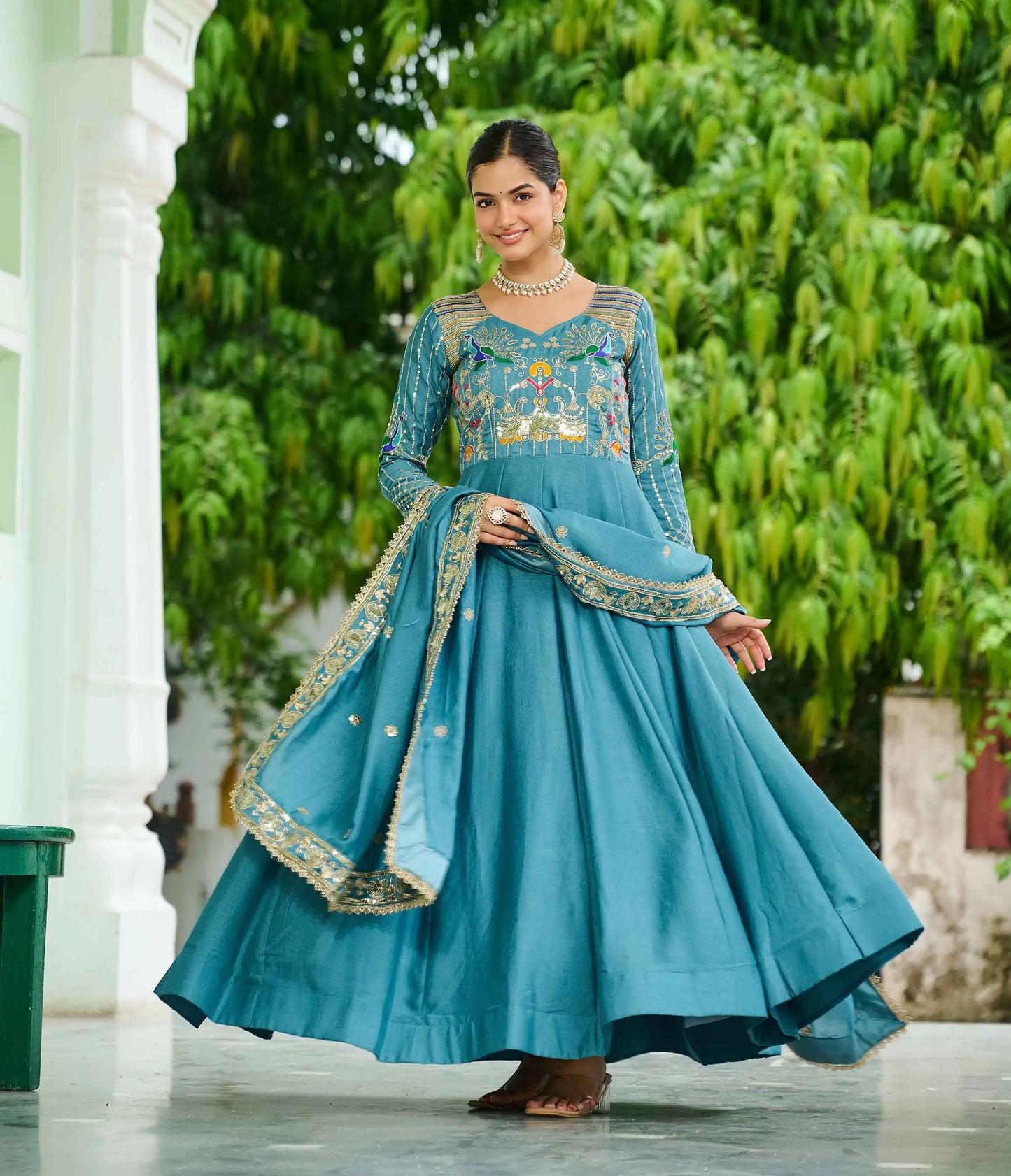 Teal Blue Embroidery Work Silk Gown