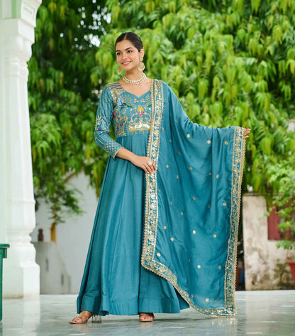 Teal Blue Embroidery Work Silk Gown