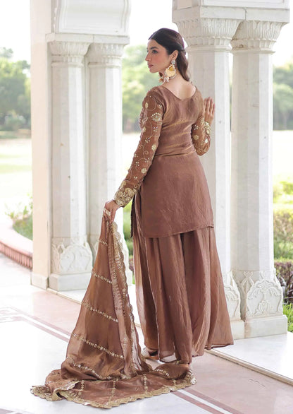Shiny Brown Silk Sharara Suit With Embroidery Work