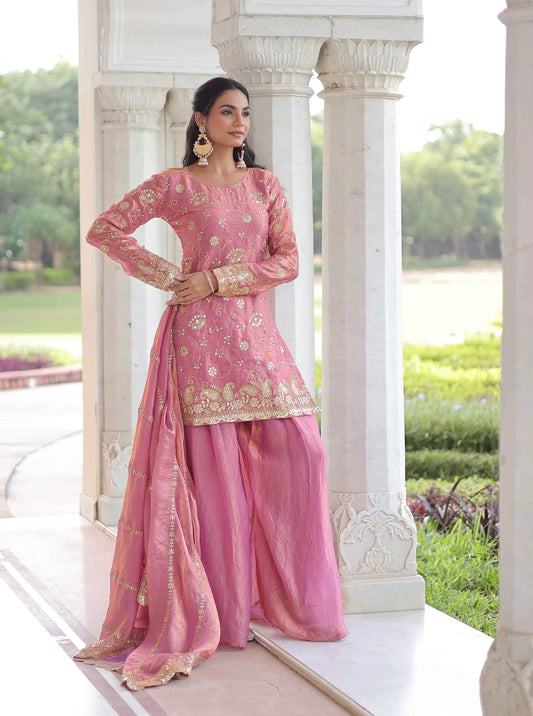Tulip Pink Silk Sharara Suit With Embroidery Work