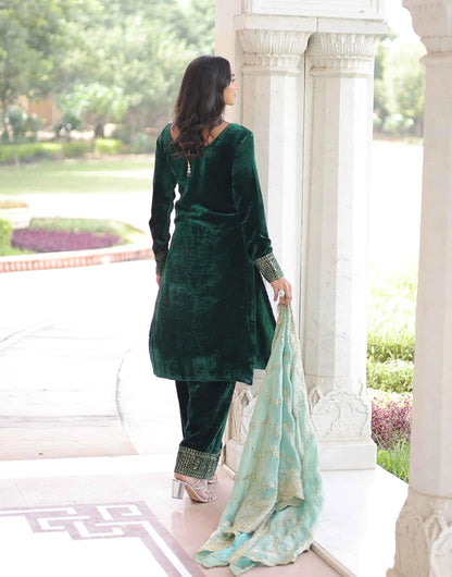 Dark Green Velvet Embroidery Work Salwar Suit